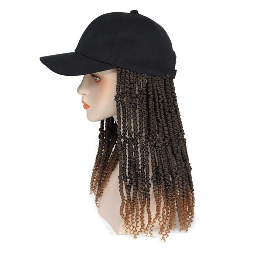 AliRobam Hat Wig Baseball Cap with Short Pre-Twisted Passion Twist Hair Extensions Ombre Brown Synthetic Curly Ends Braids Sewed in Adjustable Black Baseball Hat Wig for Black Women(12inch, T27)