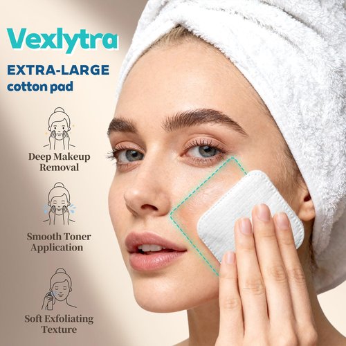 Vexlytra Large Soft Cotton Pads for Face (150 Count)- Lint-Free, Pressed Seam Design, Gentle on Sensitive Skin & Eyes, Perfect for Makeup Removal & Facial Cleansing (2, Blue)