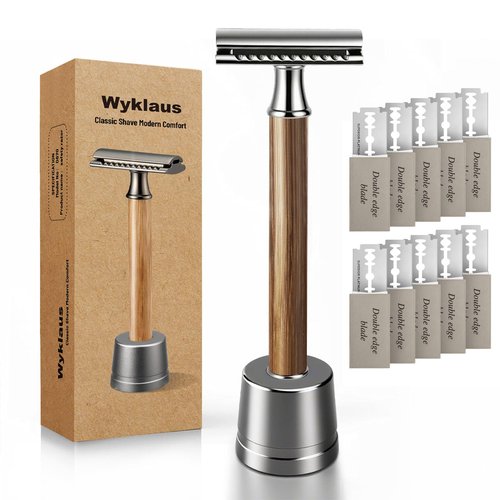 Double Edge Safety Razor: Premium Metal Single Blade Face Razor for Men & Women, Eco-Friendly Bamboo Handle & 10 Double Edge Blades Upgraded