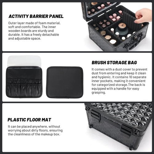 HAISKY Makeup Case, Travel Train Case with Magnetic LED Mirror, Waterproof Cosmetic Organizer with Adjustable Divider, 3 Color Mode - Sparkling Black