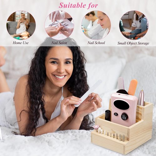 Urbuti Nail Drill Bits Holder, Wooden 10 Holes Nail Drill Machine Holder Display Storage Box, Durable Nail Art Polishing Grinding Drill Bit Organizer for Home Use or Nail Salon