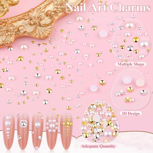 7500Pcs 3D Nail Charms, Gold & Silver Tiny Round Metal Nail Art Gems and Flatback White & Beige Pearl Nail Beads, Manicure Decor Accessories with Tweezers, Pick-up Pencil and 15ml Rhinestones Gel Glue