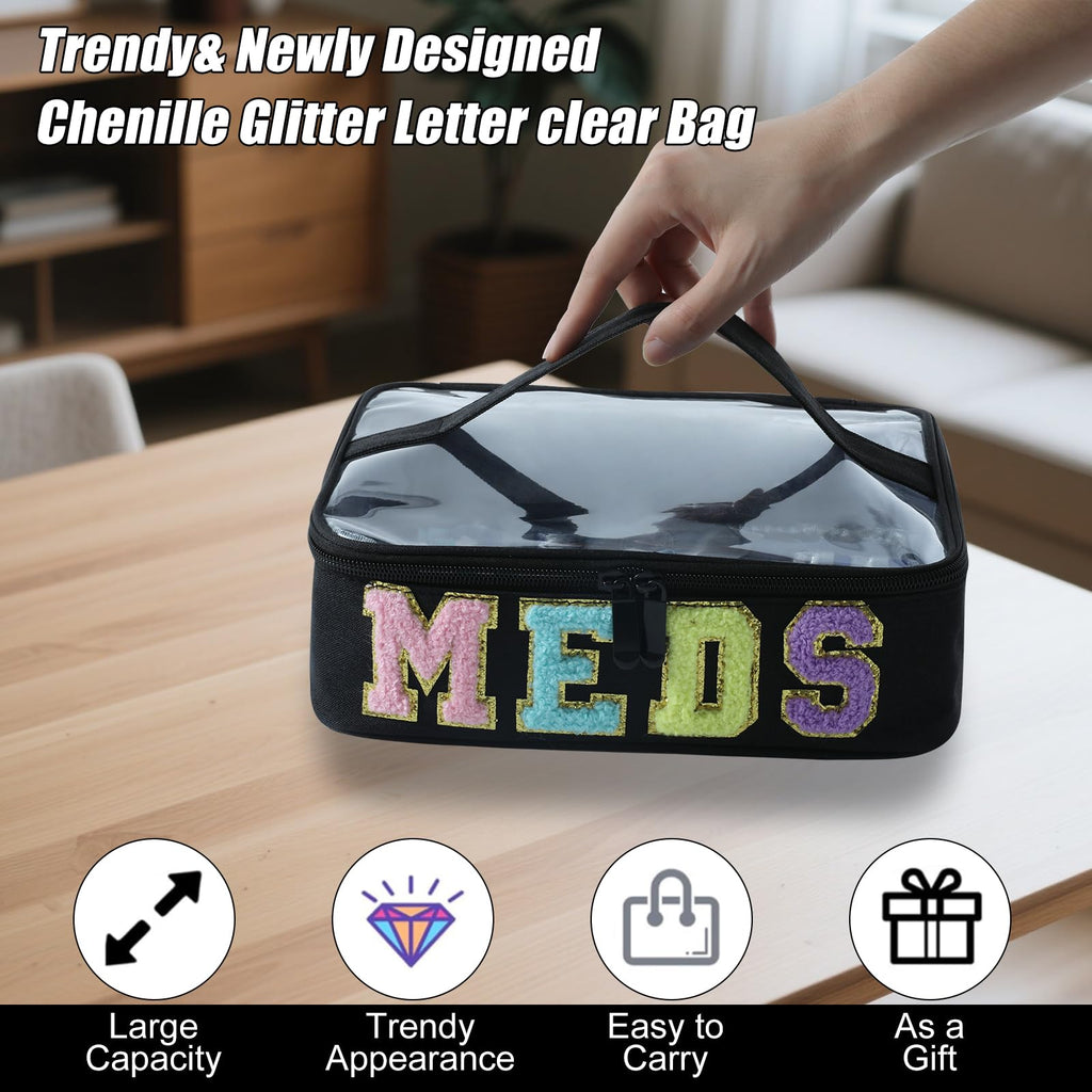 YUDEYG Medicine Bag Organizer for Travel - Large Transparent Top Pill Bottle Organizer with MEDS Patch, Water-Resistant Nylon Medication Bag for Toiletries & Cosmetics (Black, Navy, Gray) (Black)
