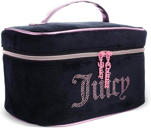 Juicy Couture Makeup Bag - Black & Pink Velour Cosmetics Organizer with Rhinestones | Travel Essentials