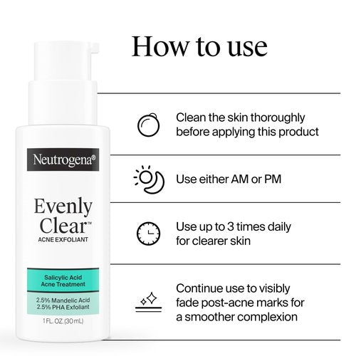 Neutrogena Evenly Clear Acne Exfoliant with Salicylic Acid & Mandelic Acid, Multi-Acid Face Exfoliating Treatment Serum Visibly Fade the look of Post-Acne Marks for A Smooth, Even Skin Tone, 1 fl. oz