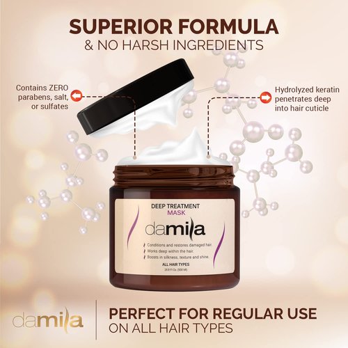 Damila Keratin Hair Mask - Deep Conditioning Treatment for Dry, Damaged Hair - 16.9 Fl. Oz | Restores Shine & Reduces Frizz