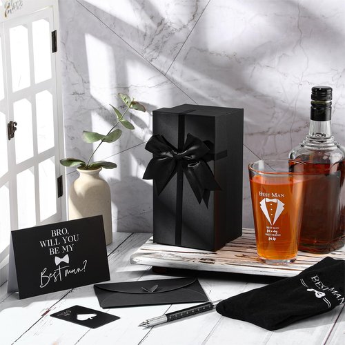 Qinyoung 7 Pcs Best Man Gifts Wedding Proposal Gift for Groomsman 16 oz Beer Glass Cup Bottle Cap Opener Socks Multi Tool Ballpoint Pen with Greeting Card Black Envelope Box(Best Man)