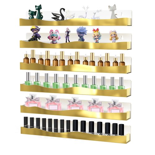 6 Pack Wall Mounted Acrylic Nail Polish Organizer Rack 15 Inch Gold Mirror Nail Polish Shelf with Removable Ends Multi-Purpose Shelf for Essential Oils Cosmetics Storage Display for Salon Bathroom
