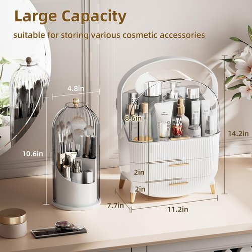 fanado Makeup Organizers Countertop, Makeup organization for Vanity, Cosmetic Storage with Lid and Drawers, Skincare Display Cases with for Desktop, Bathroom (White)