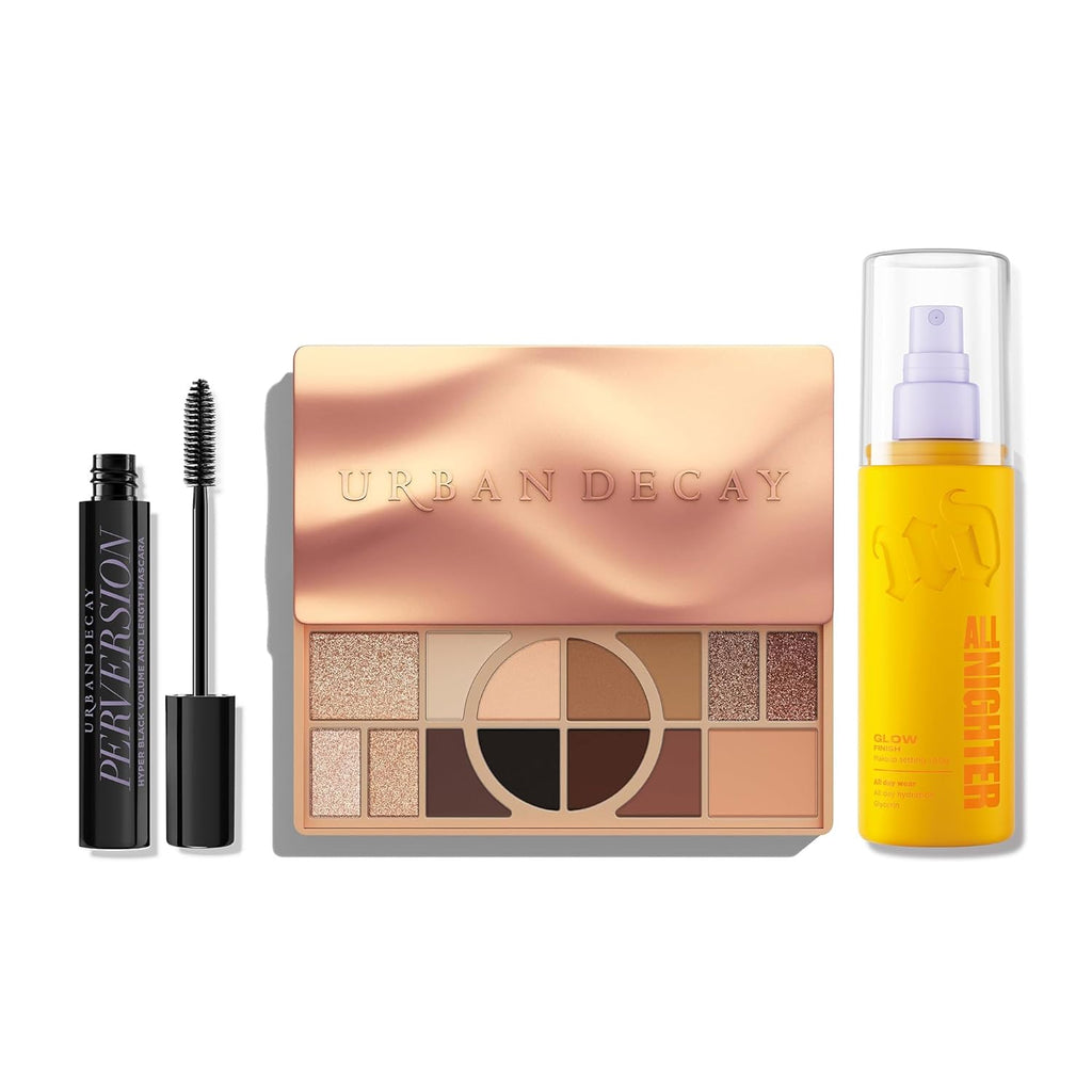 Urban Decay Radiant Holiday Makeup Set - Glow Getter 3Pc Bundle with Dewy Setting Spray, Eyeshadow Palette & Mascara