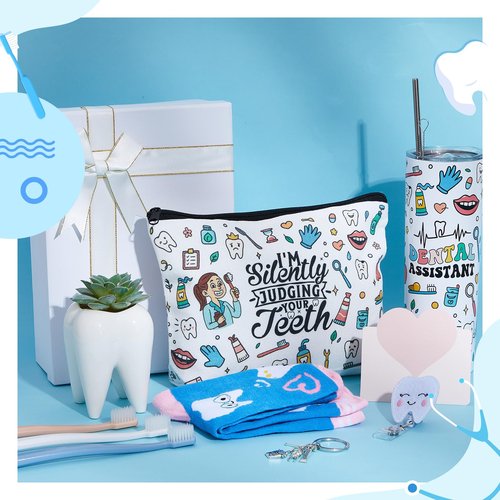 Patelai 6 Pcs Dental Hygienist Gifts for Women 20 oz Cup Makeup Bag Ceramic Toothbrush Pot Socks Tooth Shape Felt Badge Holder Keychain with Box Christmas Dentist Gift for Dentist Assistant Coworkers