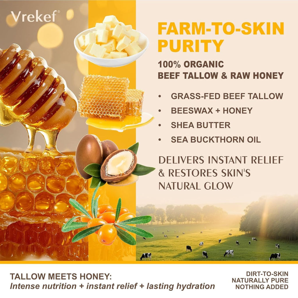 VREKEF Beef Tallow for Skin (4.2 oz)– Tallow and Honey Balm for Face & Body – Grass-Fed Tallow with Beeswax, Sea Buckthorn Oil, Shea Butter, Vitamin E – Natural Moisturizer