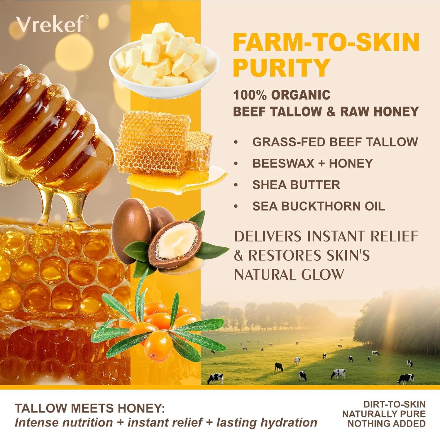 VREKEF Beef Tallow for Skin (4.2 oz)– Tallow and Honey Balm for Face & Body – Grass-Fed Tallow with Beeswax, Sea Buckthorn Oil, Shea Butter, Vitamin E – Natural Moisturizer