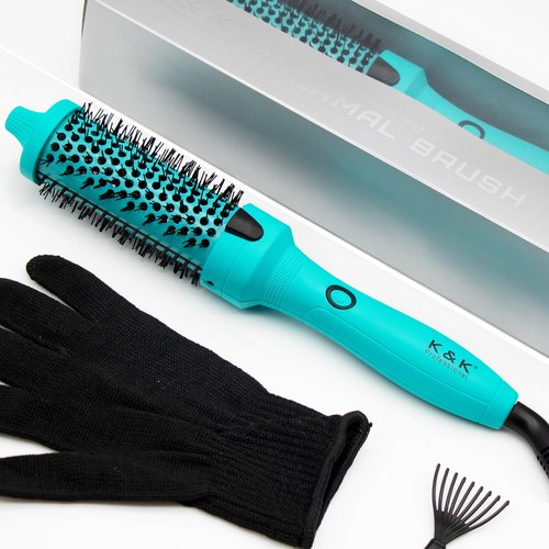 K&K Thermal Brush, Green 1.5 Inch Heated Round Curler, Professional Heated Curling Ceramic Tourmaline Ionic Curling Iron, Hot Styling Volumizing Brush, Dual Voltage
