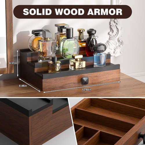 TIRYIUOU Cologne Organizer for Men: with Drawer, 3 Tier Wooden Cologne Stand Desktop Perfume Display Shelf, Bedroom Dresser Makeup Lotion Jewelry Storage Organizer ﻿