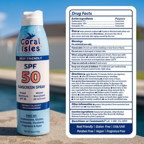 Coral Isles SPF 50 Sunscreen Spray - Hawaii Compliant - Oxybenzone & Octinoxate Free - Broad Spectrum - Water Resistant, 6 Fl Oz (Pack of 2)