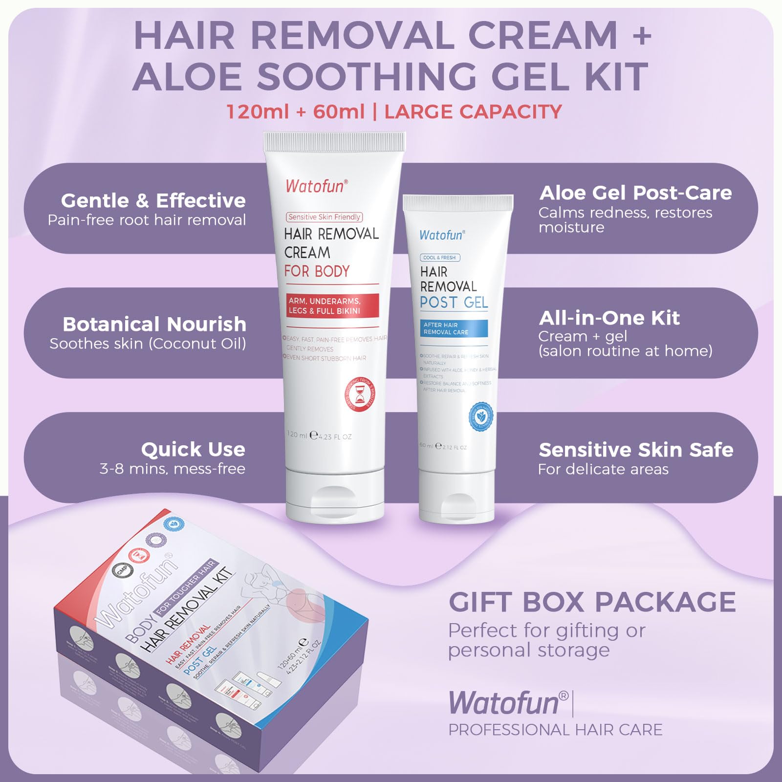 Watofun Body Hair Removal Cream for Women with Aloe Gel for Sensitive Skin, 5 Min Painless Depilatory Cream for Arms, Underarms, Legs, Chest& Bikini Line, hair remover for women 2-in-1 Kit, 6.35 Fl Oz
