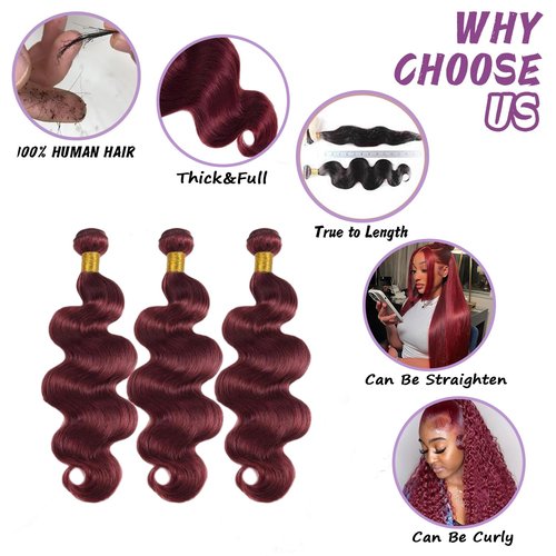 99J Burgundy Human Hair Bundles Body Wave 22 Inch 12A Wine Red Double Weft Brazilian Bundles Human Hair Extensions 1 Pack