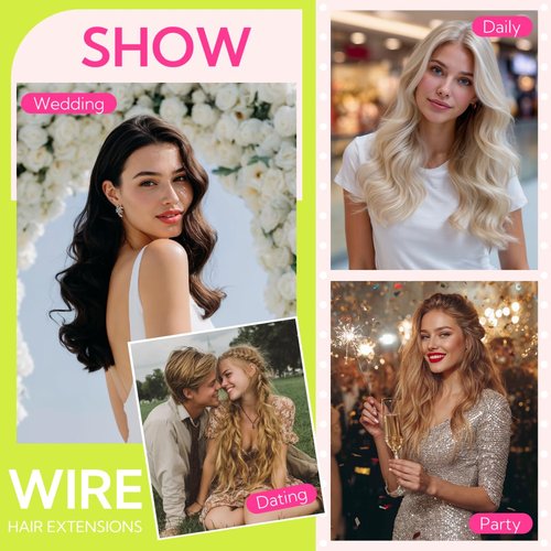 HOTBANANA Wire Hair Extensions, 14 Inch 75g Ash Tone Light Blonde Highlighted Golden Blonde, Transparent Fish Line Wire Extensions for Women