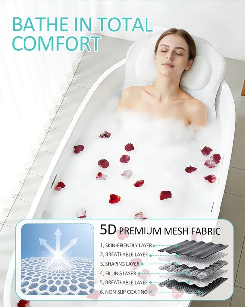 Full Body Bath Pillow for Bathtub, 5D Thick Tub Pillow for Bathtub with 192 Non-Slip Suction Cups, Laundry Bag & Hook, Bathtub Pillow for Head, Neck & Back Support (White, 51"*15")