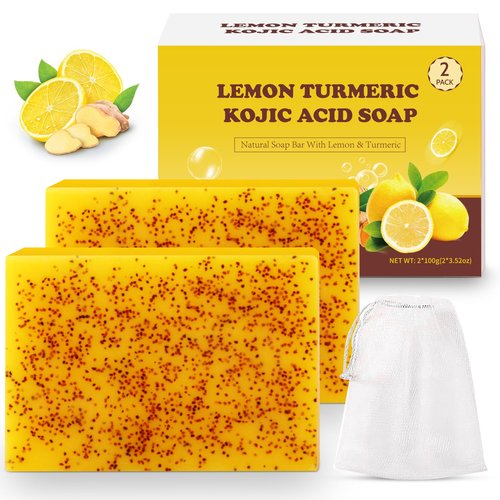 Urrznp Lemon Turmeric Kojic Acid Soap Bar, Turmeric Soap Bar with Vitamin E for Dry Sensitive Skin, Lemon Soap for Face, Body Hands 2 Bars