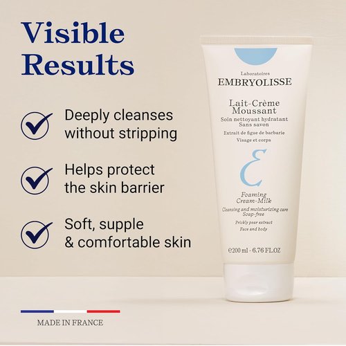 Embryolisse Foaming Cream Milk - Hydrating Soap-Free Cleanser for Face & Body, 6.76 Fl Oz