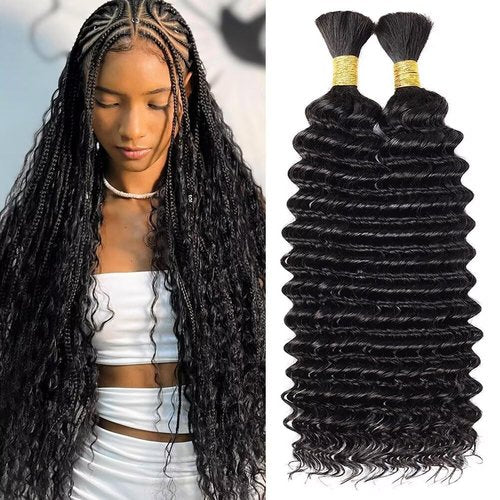 Human Braiding Hair for Boho Braids 100g 16 Inch Natural Black Curly Boho Hair for Braiding Knotless 12A Deep Wave Bulk Bohemian 2 Bundles/Pack Color 1B