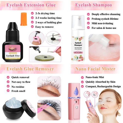 Tetutor Lash Kits Extensions Kit for Beginners, Eyelash Lash Extension Kit for Beginners with Lash Mannequin Head, Lash Extension Practice Kit Starter Kit with Everything USB Fan, Lash Glue, Shampoo