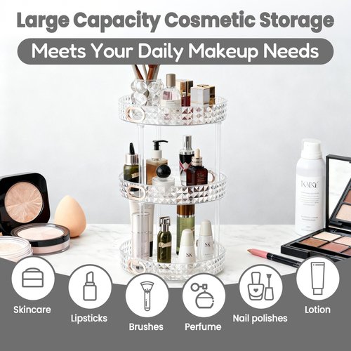 HsaExtriva 360 Rotating Makeup Organizer, 3 Tier Diamond Pattern Perfume Organizer, 10.7" Large Capacity Skincare Lotion Organizer, Designed for Vanity and Bathroom Countertops, Clear