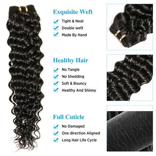 Deep Wave Bundles, Curly Bundles Human Hair, 12 14 16 Inch, Wet and Wavy, Natural Black, Soft, 285g-300g, Brazilian Hair