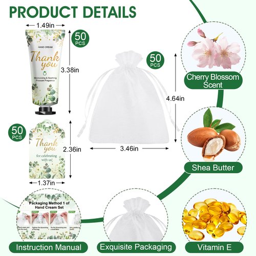 50 Pack Bulk Hand Cream Gifts Sets, Wedding Party Favors, Bridal Shower Gifts and Baby Shower Party Favors for Guests with Organza Bag and Thank You Card, Bulk Thank You Gifts for Women(Eucalyptus)