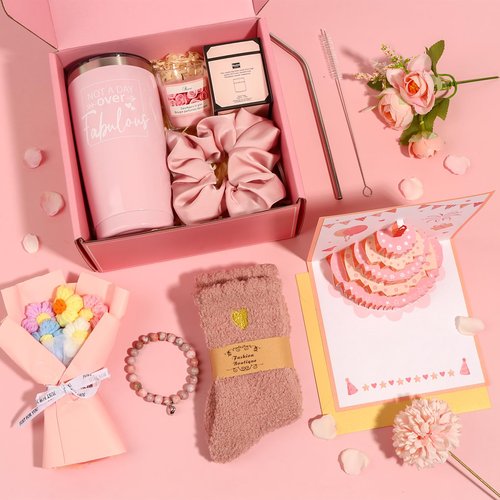 Birthday Gifts for Women Friendship, Pink Relaxing Spa Gifts Basket Set for Women, Self Care Gifts Unique Happy Birthday Gift Idea for Mom Her Best Friends Sister Wife Girlfriend Coworker Teacher