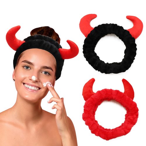 Skiennix Women’s Facial Spa Headband - Devil Horn Coral Fleece for Makeup & Skincare | 2 Pack