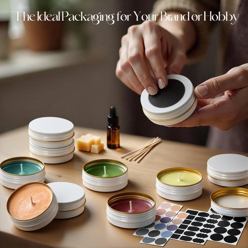LIYAR Aluminum 2oz Tins with Lids (48 Pack), Empty Salve Tins Round Tin with Lids, Metal Containers for Salve, Homemade Balm, DIY Lotion Bars & Travel Storage - Recyclable, Durable (White and Gold)