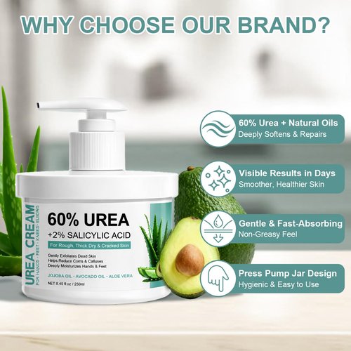 60% Urea Cream for Feet with 2% Salicylic Acid, Foot & Hand Cream for Dry Cracked Heels with Jojoba Oil, Avocado Oil & Aloe Vera, Urea Lotion for Elbows, hands, Knees & Callus Remover, 8.45 oz