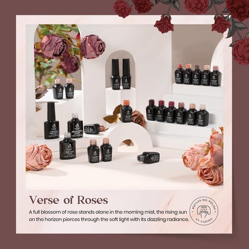 Beetles Gel Nail Polish Set, 23Pcs Brown Burgundy Red Nude Pink Gel Polish Set with Base Top Coat Verse of Roses Kit, Soak off Uv Gel Golden Glitter Holiday Nail Gift for Women