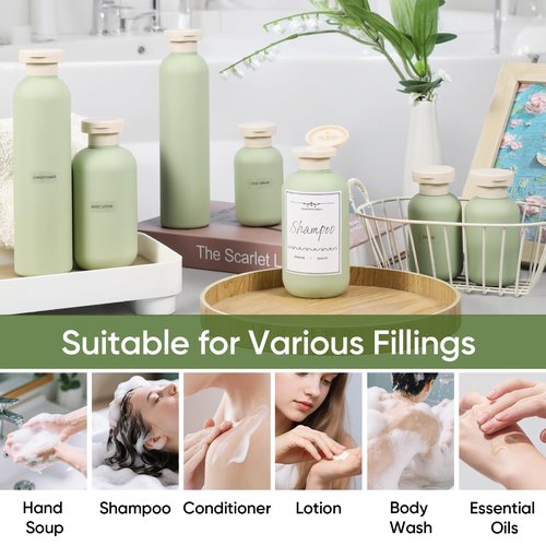 DEMORA 8.8oz Large Travel Bottles for Toiletries, Leak Proof Plastic Travel Squeeze Bottles Refillable Toiletry Containers with Flip Caps and Labels for Shampoo Conditioner Body Wash (Green, 4 Pcs)