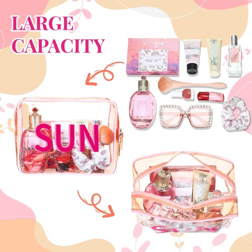 Shinylin Sun Clear Beach Makeup Bag 9.5" x 7" x 3.5" Large Cosmetic Pouch Pink Travel Toiletry Bag PVC Waterproof Transparent Zippered Organizer for Women Girl Summer
