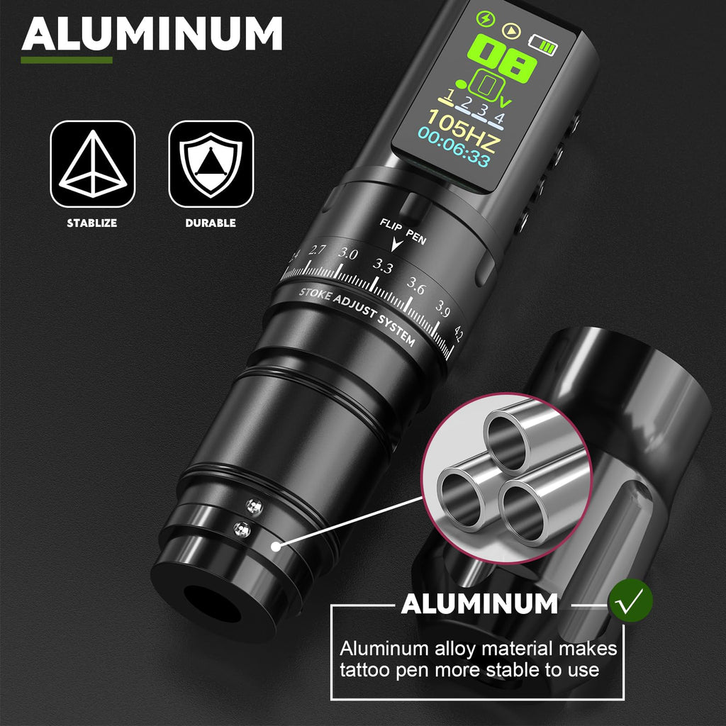 WORMHOLE PRO Tattoo Gun AQUILA Wireless Tattoo Machine Multi-function Smart Tattoo Pen 1,800mAh Battery with Replacement Power Supply, Smart Display, Brushless Motor, 7 Strokes Length