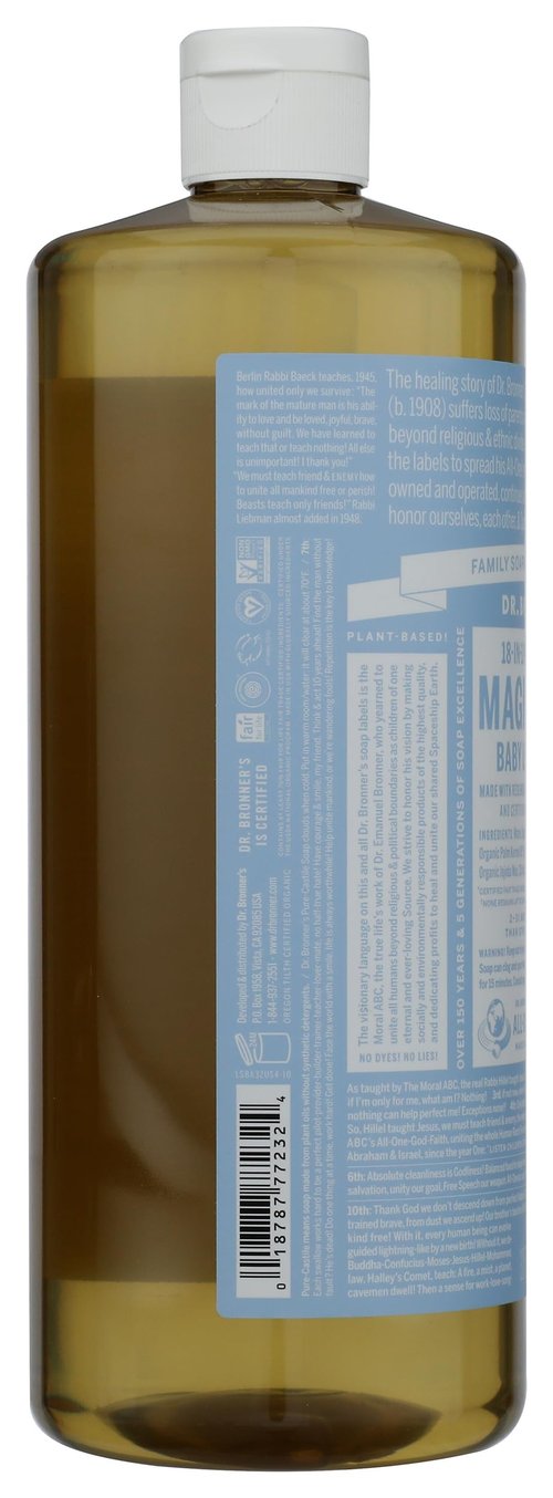 Dr. Bronner's - Pure-Castile Liquid Soap (Baby Unscented, 32 Ounce) - Made with Organic Oils, 18-in-1 Uses: Face, Hair, Laundry, Dishes, For Sensitive Skin, Babies, No Added Fragrance, Vegan, Non-GMO