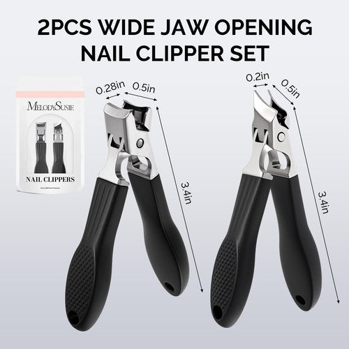 MelodySusie Wide Jaw Opening Nail Clippers Set, 2 pcs Toenail Clippers for Seniors Thick Nails, Anti-Splash Curved and Slanted Nail Clippers for Men Women, Fingernail Cutter with Catcher, Black