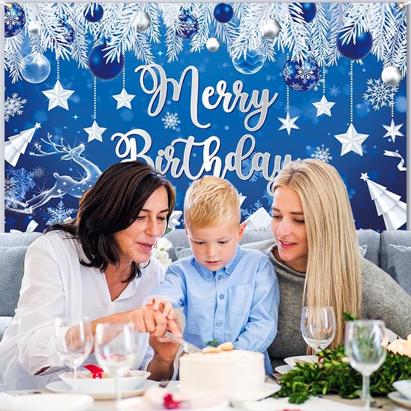 Christmas Birthday Banner Decorations Party Backdrop Blue Happy Holiday