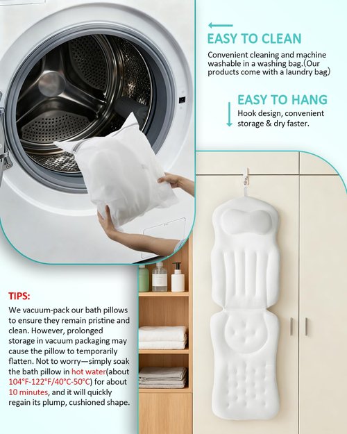 Full Body Bath Pillow for Bathtub, 5D Thick Tub Pillow for Bathtub with 192 Non-Slip Suction Cups, Laundry Bag & Hook, Bathtub Pillow for Head, Neck & Back Support (White, 51"*15")