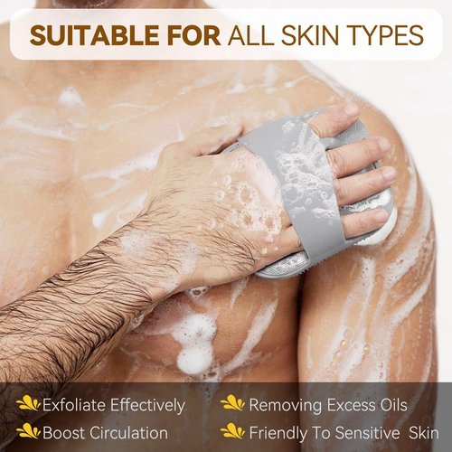 Silicone Body Scrubber in Shower for Men - with Enhanced Lather Bristles and Ergonomic Anti-Slippery Handle for Deeply Cleaning (Black + Gray + Pink)
