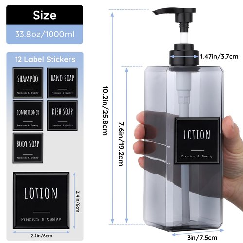 Segbeauty 33.8oz Shampoo and Conditioner Dispenser with Labels, 4pcs Refillable Plastic Empty Body Lotion Soap Dispenser Hand Liquid Container for Bathroom, 1000ml Gray Large Pump Bottle for Kitchen