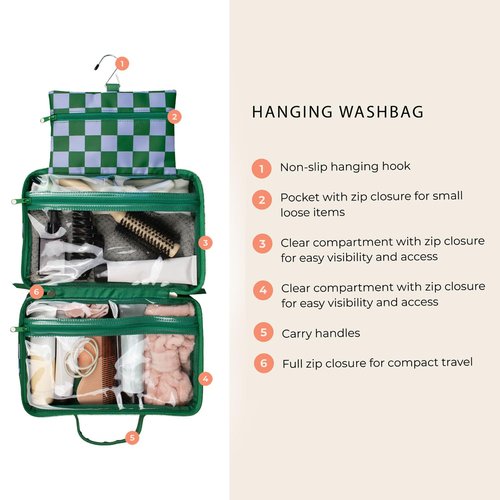 Tender Love + Carry Green Gambit Checkered Hanging Travel Bag, Toiletry Bag, Makeup Bag for Women, Portable Water-resistant Small Travel Bag for Toiletries & Cosmetic Essentials