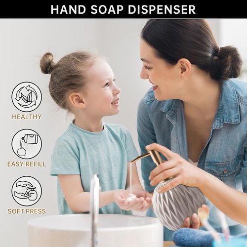 Ceramics Gold Soap Dispenser for Bathroom, Relief Soap Dispenser for Kitchen Sink, 400ml/13.5Oz Refillable Liquid Hand Soap Bottle with Gold Pump (Khaki).