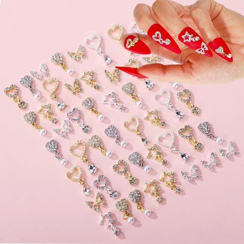 BJRSPGLS 40Pcs Heart Dangle Nail Charms Nail Rhinestones and Gems,Silver Gold Nail Jewels Charms Diamonds Stones for Nail Art,Valentines Love Star Dangling Nail Jewelry for Nails Design Variety