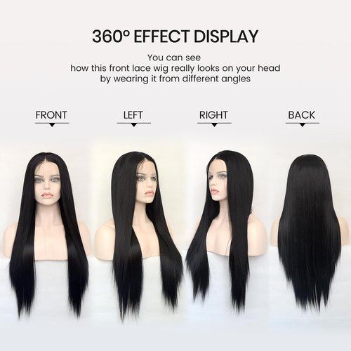 Jozlynn Black Synthetic Lace Front Wig Long Straight Preplucked Hairline Heat Resistant Glueless Wigs Free Parting for Women (Black, 22 inch)