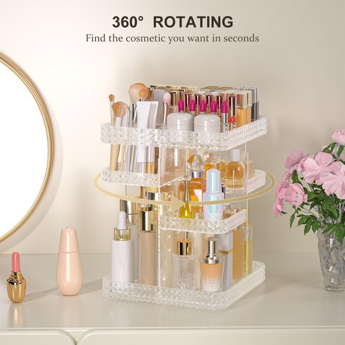 HEMTROY Rotating Makeup Organizer with Makeup Brush Holder, Large Capacity Perfume Organizer for Vanity Countertop, Acrylic Skincare Organizers Spinning Holder Storage Rack (Clear)
